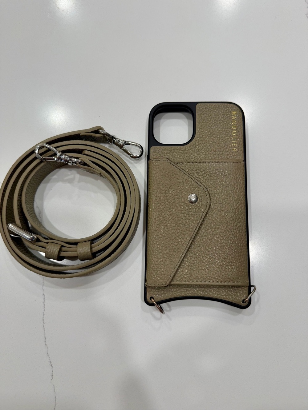 Smythson Taupe Olive Pebbled Leather Crossbody Phone Case with Detachable Strap